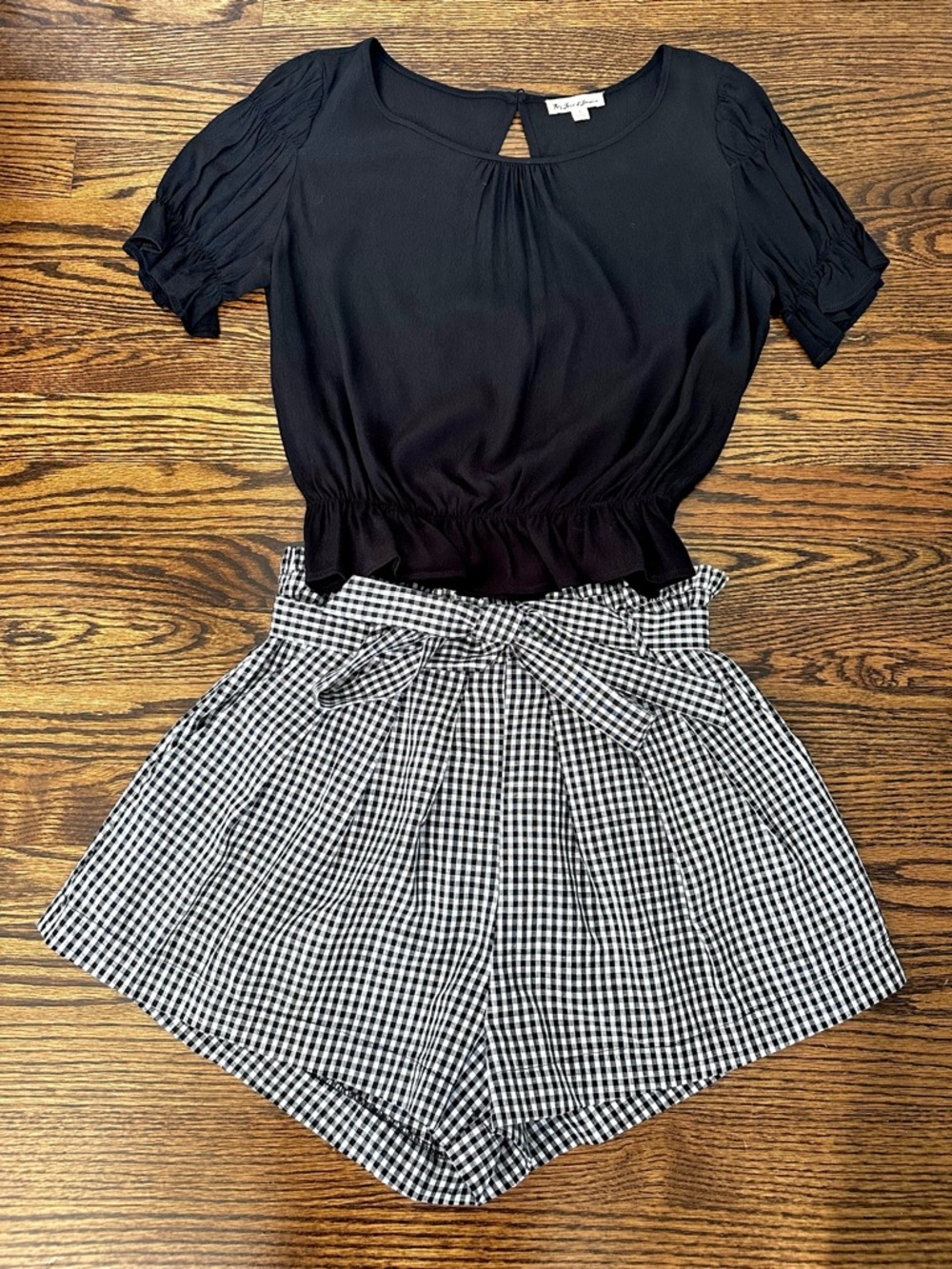 For Love & Lemons Black Gingham Paperbag Shorts & Short Sleeve Blouson Top S/M